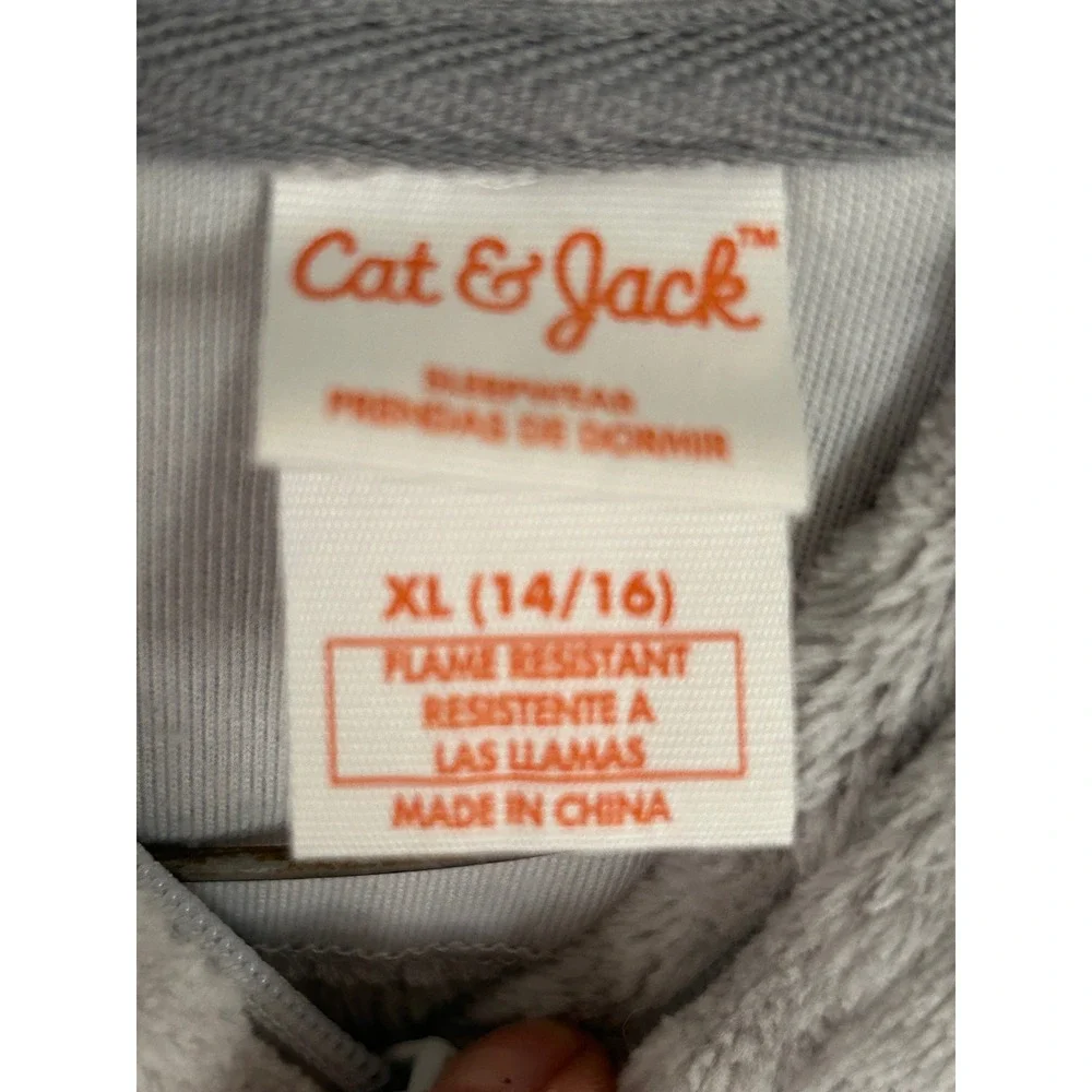 Cat & Jack Girls Grey Leopard Print Fleece Hooded One Piece Pajama Union Suit XL